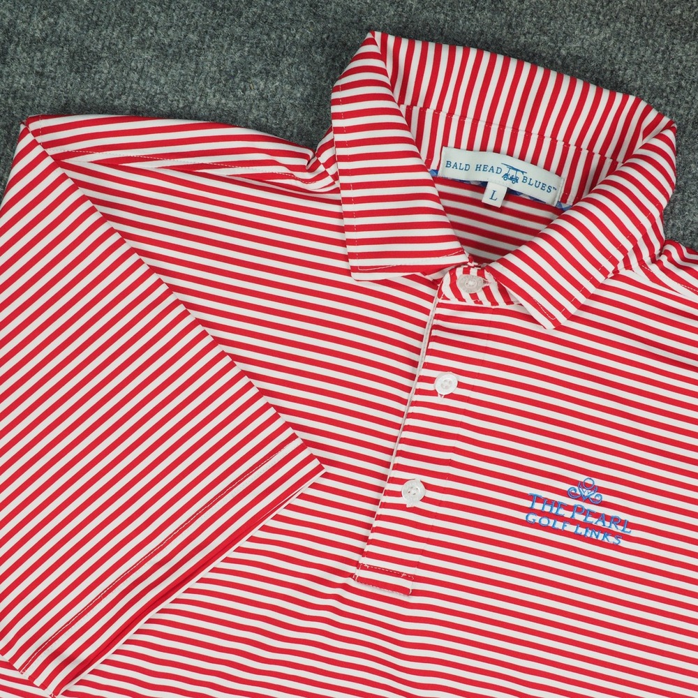 The Pearl Golf Links Polo Mens Large Red White Striped Bald Head Blues Preppy